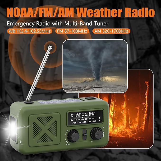 Emergency Radio Hand Crank Solar, 5000mAh/18500mWh Emergency Weather Radio, Solar Crank Radios with NOAA/AM/FM, Rechargeable Headlight, Thermal Blanket, Paracord Bracele, for Outdoor & Home