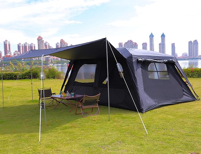 KTT Extra Large Tent 12 Person,Awning Family Cabin Tents,2 Rooms,3 Doors and 3 Windows with Mesh,Straight Wall,Waterproof,Double Layer,Big Tent for Outdoor,Picnic,Camping,Family Gathering