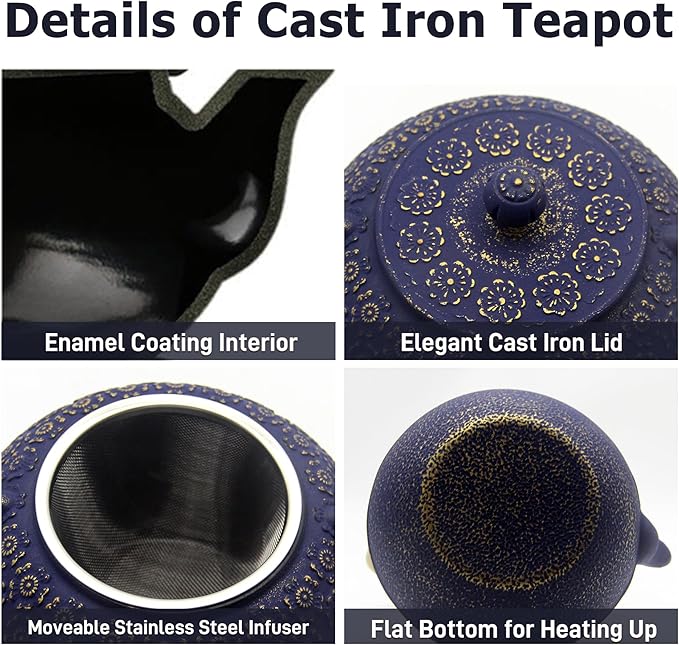 33.8oz Small Cast Iron Tea Kettle for Stovetop, Japanese Tetsubin Tea Pot Coated with Enameled Interior, Durable Cast Iron Teapot with Stainless Steel Infuser for Loose Tea and Tea Bags(1000ml)