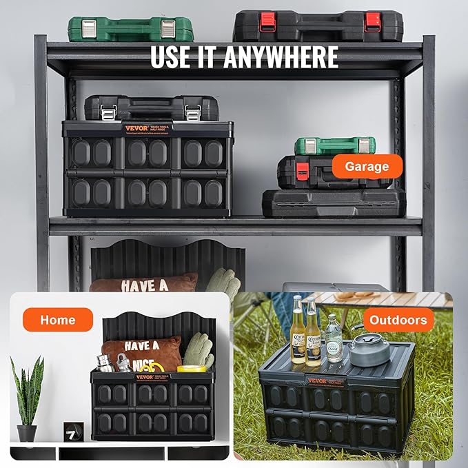 VEVOR 45L Collapsible Storage Bins with Lids 3 Packs, Stackable Utility Crates with Handles, Large Folding Containers for Organizing Tools, Snacks, Books, Food, Drinks, Camping & Transport