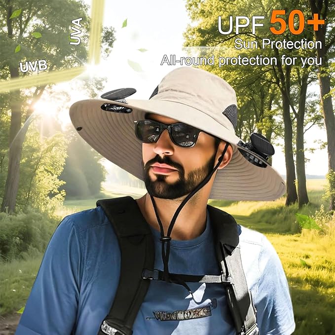 Outdoor Wide Brim Sun Hat with 2 Solar Fan for Men Women UPF50+ Outdoor Hiking Sun Protection Bucket Fishing&Cycling Hat