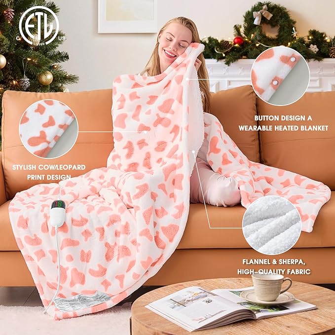 Pink Cow Print Heated Electric Blanket Throw,50X60 Heating Blanket with 10 Heats Levels & 8 Hours Auto Off,Cute Cow Decor Stuff Soft Fleece Sherpa Blankets Warmer Gifts for Women Washable,ETL