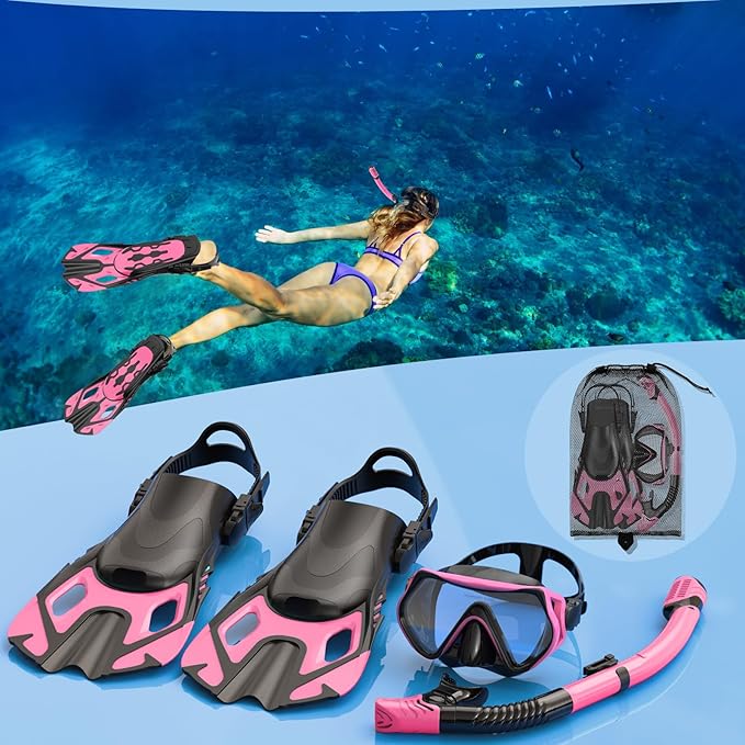 Snorkeling Gear for Adults, Mask Fin Snorkel Set, Dry Top Snorkel, Snorkeling Kit Travel Diving Package, Panoramic View Anti-Fog Anti-Leak Adjustable Swim Fins