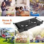 Hot Plate, 2000W Portable Electric Stove for Cooking with Stay Cool Handles & 5 Levels Adjustable Temperature, Countertop Double Coil Burner for RV Home Camp Compatible for All Cookwares,Black