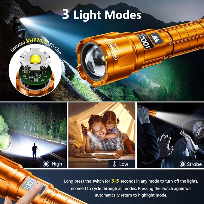 WdtPro LED Rechargeable Flashlight 2 Pack, Super Bright Zoomable 6000 Lumens Tactical Flashlight with LCD Digital Display, 3 Mode Waterproof Flash Light for Camping, Hunting & Home Emergency - Orange