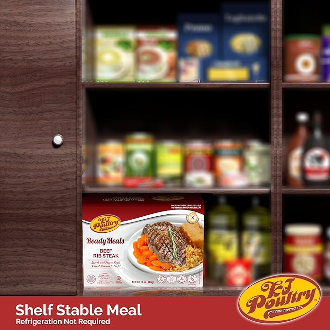 KJ Poultry Kosher Ready Meals - Beef Rib Steak & Kugel, MRE Meat Meals Ready to Eat, Shabbos Food (1 Pack) Prepared Entree Fully Cooked, Shelf Stable Microwave Dinner Travel Military Camping Survival