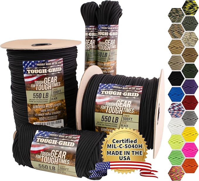 TOUGH-GRID 550 Paracord Rope Nylon Parachute Cord, Made in USA Survival Kit, Outdoor Adventures, Camping, Tactical Gear & Emergency Supplies, Military Type III Mil-Spec