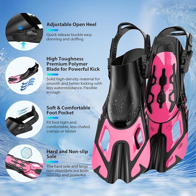 Snorkeling Gear for Adults, Mask Fin Snorkel Set, Dry Top Snorkel, Snorkeling Kit Travel Diving Package, Panoramic View Anti-Fog Anti-Leak Adjustable Swim Fins