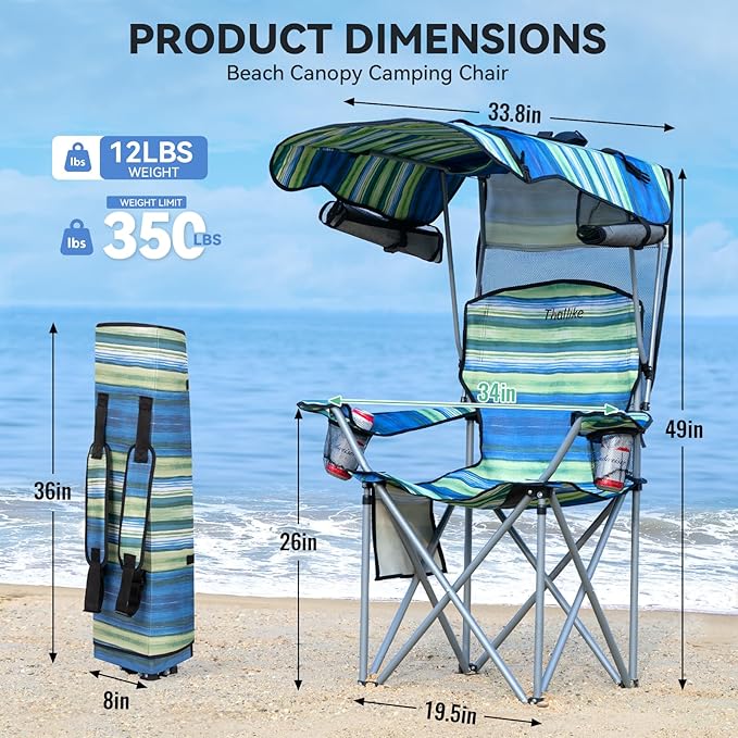 Folding Camping Chair with Reinforced Shade Canopy Comfortable Wide Seat with Cup Holder and Side Pocket Portable Outdoor Chair for Beach Fishing Sports Lawn Supports 350 LBS (2 Pack)