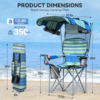 Folding Camping Chair with Reinforced Shade Canopy Comfortable Wide Seat with Cup Holder and Side Pocket Portable Outdoor Chair for Beach Fishing Sports Lawn Supports 350 LBS (2 Pack)