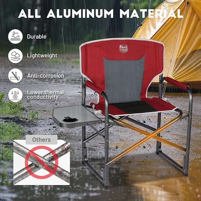 TIMBER RIDGE Aluminum Oversized Camping Chair, Lightweight Portable Directors Chair with Side Table Detachable Side Pocket for Outdoor Camping, Lawn, Picnic, Support 400lbs Red