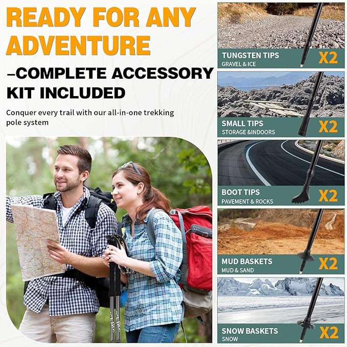 Trekking Poles - 2PC Hiking Poles for Backpacking, Ultralight Telescopic Walking Sticks, Aircraft-Grade 7075 Aluminum with EVA Foam Grips, Lightweight Hiking Sticks for Seniors Women Men