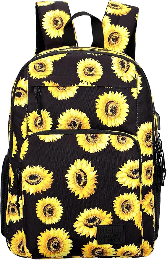 KEOFID Classic Travel backpack for Men and Women, Anti Theft Laptop Backpack with USB Charging Port for Work, Large Bag for College, Water Resistent(Sunflower)