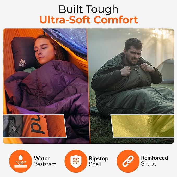 Sierra Madre Puffle 40 °F 5‑in‑1 Camping Quilt – Ultra-Soft Outdoor Blanket, Sleeping Bag, Under/Top Quilt, Poncho | Linkable, Compact, Adventure Gear