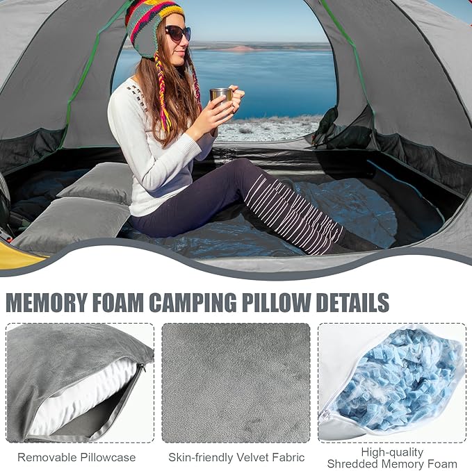 2 Pack Camping Pillow for Sleeping Shredded Memory Foam Travel Pillow with Storage Bag, Compressible Portable Pillow for Outdoor Camp Backpacking Hiking Essential Gear (Grey,Small)