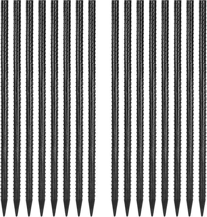 16 Inches Rebar Stakes(16pcs) Heavy Duty Straight Metal Ground Anchors with Chisel Point Ends for Timber,Concrete,Plant Support,Camping Tents,3/8 Inch Thickness Garden Stakes,Black