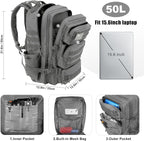 Military Tactical Backpack 50L Large Day Backpack for Men Molle Army 3 Days Assault Pack Bug Out Bag Water Resistant and Heavy Duty Hiking Treeking Rucksack - Grey