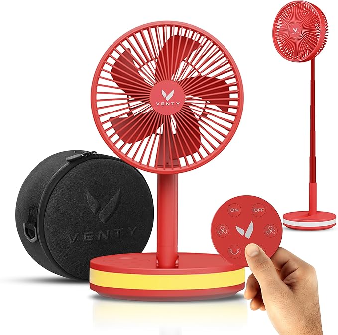 VENTY Portable Fan - Wireless Battery Operated Fan - 4 Speeds - LED Lighting - Carry Case & Remote Control - Cruise Travel - Outdoor Travel RV Power Bank With USB-C Port (Red with Case)