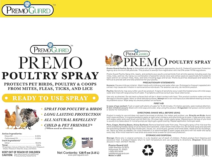 Premo Guard Poultry Spray - 128 oz - Kill Scaly Leg, Mites, Fleas, Lice, & Other Pest on Chickens and in Coops - Natural Plant Based Oils for Control, & Prevention - Family Safe with No Egg Withdrawl