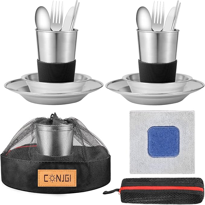 Outdoor Camping Mess Kit - 1 to 2 persons Camping Dishes Includes Cups, Bowls, Dishes, Knives, Forks, Spoons, Etc, Camping Dinnerware Set with Mesh Bag is Easy to Carry Camping Tableware Set