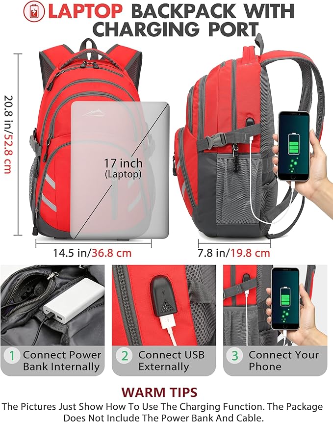ProEtrade Extra Large Backpack Bookbag for College Laptop Travel, Fit Laptop Up to 17 inch with USB Charging Port Multi Compartment Anti theft, Gift for Women Men (Light Red)