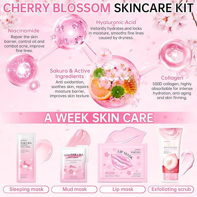 Sakura Skin Care Set for Teenage Girls, Lovely Travel Skincare Set for Women, 20-In-1 Spa Party & Sleepover Skincare Kit with Sleeping Face Mask, Mud Mask, Lip Mask & Exfoliating Scrub, Five of Each