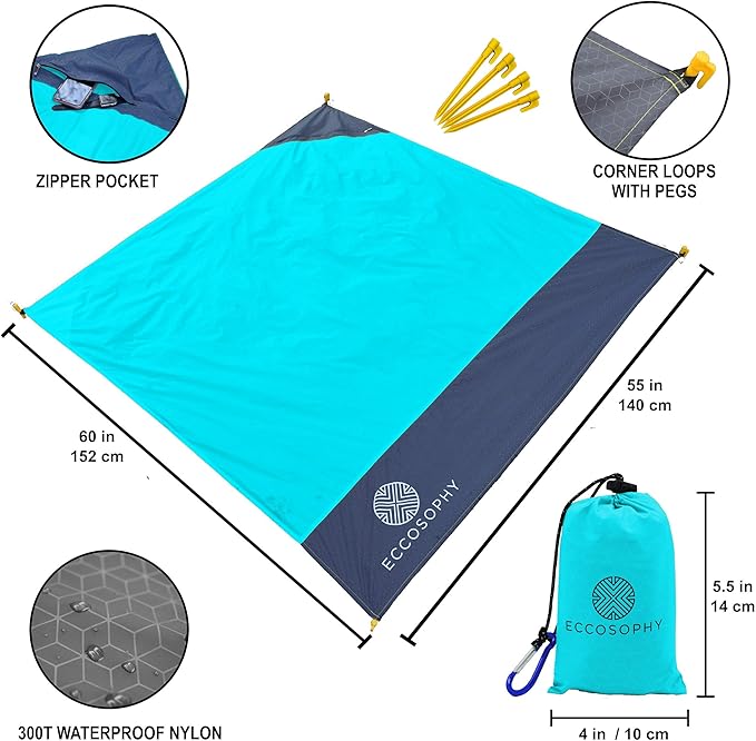 ECCOSOPHY 60x55" Blue Waterproof Compact Pocket Beach Blanket