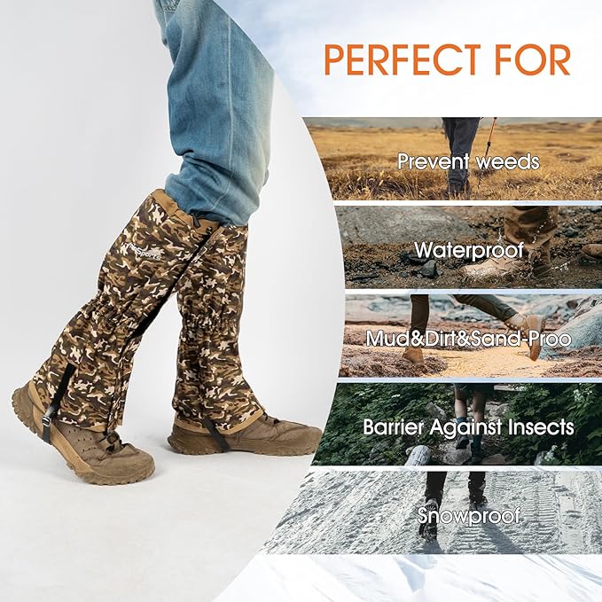 Waterproof Adjustable Leg Gaiters for Men and Women Snow Boot Gaiters for Hiking in Hunting Sand and Mud Mountain Climbing or Snowshoeing