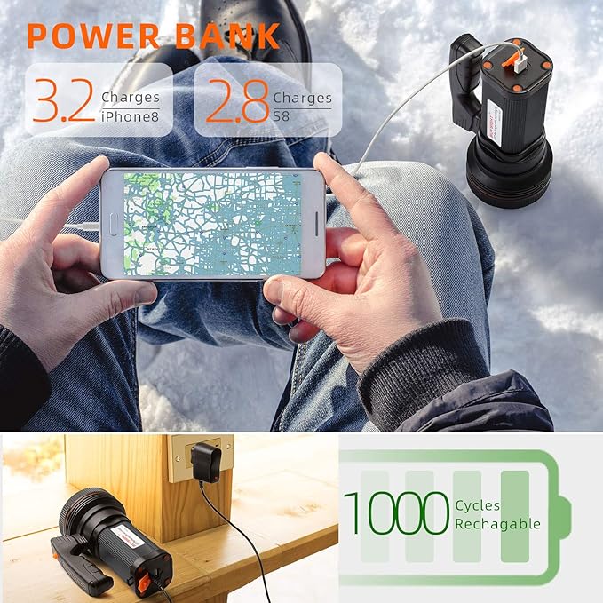 BUYSIGHT Rechargeable Spotlight Flashlight High Lumen Handheld Spot Light LED Flashlight with Handl Ultra-Long Standby Electric Torch with USB Output （Classic Black）