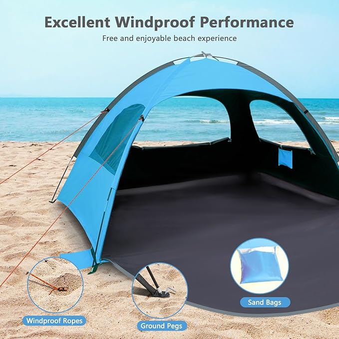 NXONE Beach Tent Sun Shade Shelter for 3/4/6 Person Person with UV Protection, Extended Floor, 3 Mesh Roll Up Windows & 8.0/8.5mm Fiberglass Rods丨Carry Bag Included