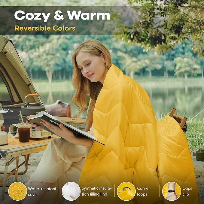 UNIKOME Lightweight Travel Blanket, Waterproof Warm Puffy Down Alternative Camping Blanket with Corner Loops, 75'52', Yellow