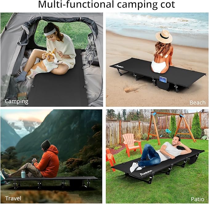 Ultralight Camping Cot Save Effort, Comfortable Camping Bed Supports 275 Lbs with Side Pocket, Compact Portable Backpacking Cot for Hiking, Travel, Truck, Beach, Office, Black