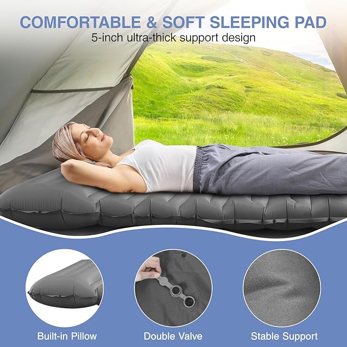Sleeping Pad for Camping, 5" Extra-Thick Camping Mat with Pillow Built-in Foot Pump, Ultralight Inflatable Sleeping Mat for Camping, Backpacking, Hiking, Camp Tent