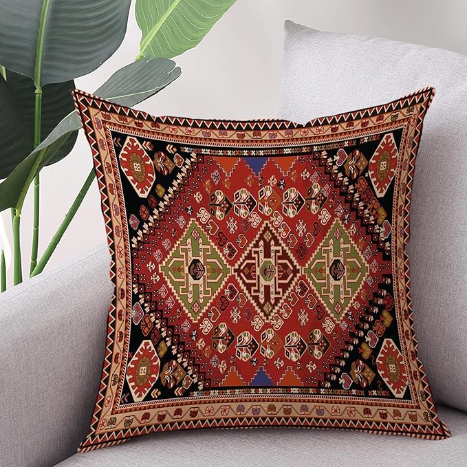 Outdoor Waterproof Pillow Covers 18x18 Inch Set of 2 Tribal Abstract Red and Black Vintage Carpet Pattern Decorative Farmhouse Pillow Covers for Couch Garden Balcony