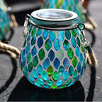 Cooo 4 Pack Mosaic Solar Lantern Outdoor Waterproof IP68 Hanging Projection Light Hidden Lid Pear-Shaped Lantern with Rope Handle Solar Powered Auto On for Patio Garden Fence Table - Azure Lattice