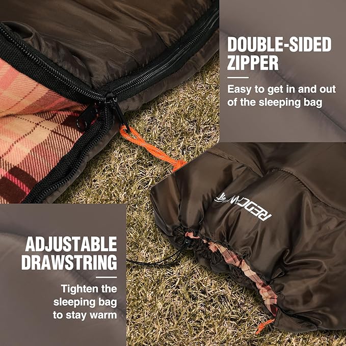 REDCAMP Cotton Flannel Sleeping Bag for Camping Backpacking, Adults Cold Weather Envelope Sleeping Bags with 2/3/4/6lbs Filling
