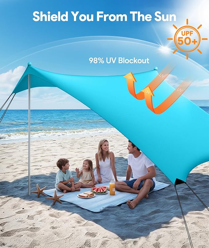 Beach Tent Sun Shelter, 10 x 10 FT Beach Canopy Tent Sun Shade, UPF50+ Tents Canopy with 8 Sandbags & 4 Stability Poles, Outdoor Tents for Camping Fishing, Light Blue