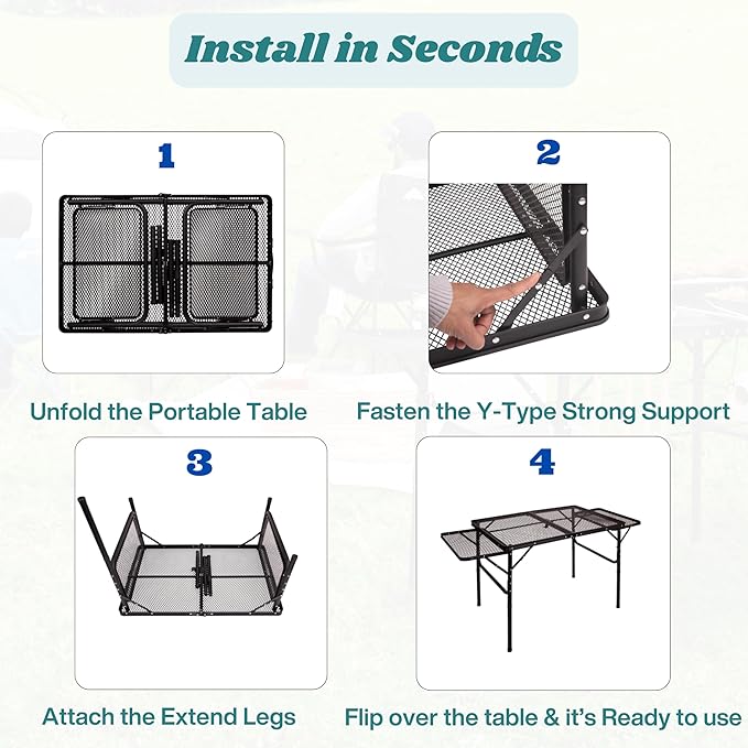 Folding Table w/ Carry Bag, Paper Towel Holder, Garbage Holder, Wing Panels, 3x2 FT Foldable Table for Portable Grill, Picnic, Outdoor, Beach, Small Folding Table Adjustable Height,Camping Table, BBQ