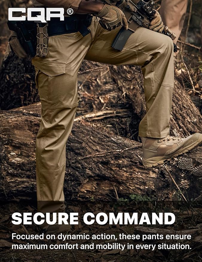 CQR Men's Flex Ripstop Tactical Pants, Water Resistant Stretch Cargo Pants, Lightweight EDC Hiking Work Pants