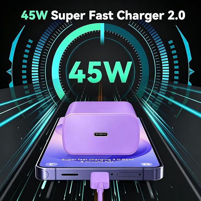 45W Super Fast Charger USB C Android Phone Type C Charger Fast Charging Block with 6.6FT Cord for Samsung Galaxy S26/S26 Ultra/S26+/S25 Ultra/S25/S24 Ultra/S24/S23 Ultra/S22/S21/S20/Note 10, Purple