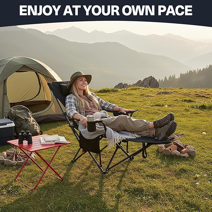 2-in-1 Reclining Camping Chair, Portable Folding Beach Lounge Chair with Footrest & Adjustable Backrest, Comfortable Lawn Chair for Adults Heavy Duty with Cup Holder for Outdoor Poolside Sports