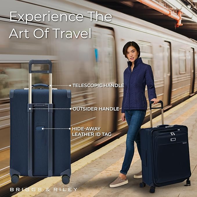 Briggs & Riley 26" Medium Expandable Spinner - Checked Luggage for Travel, Suitcases with Wheels, Softside Rolling Bag for Men & Women, Self-Repairing Zipper - Baseline Collection, Navy