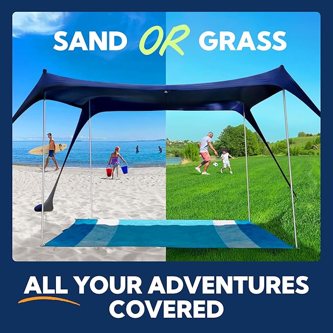 SUN NINJA Beach Tent Sun Shelter UPF50+ - Easy Pop Up Beach Canopy - Outdoor Shade for Camping Trips, Fishing, Backyard Fun Picnics - Sand Shovel, Ground Pegs & Stability Poles