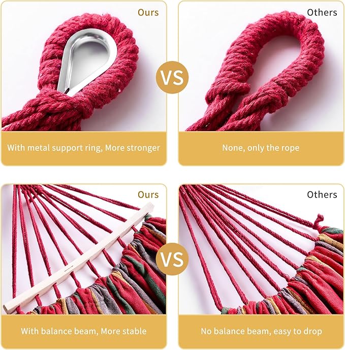 Hammock, Cotton Canvas Hammock Portable Camping Hammock with Carrying Bag Two Anti Roll Balance Beam Metal Carabiner Ropes and Tree StrapsSuit for Indoor,Yard,Camping,Outdoor-Rainbow