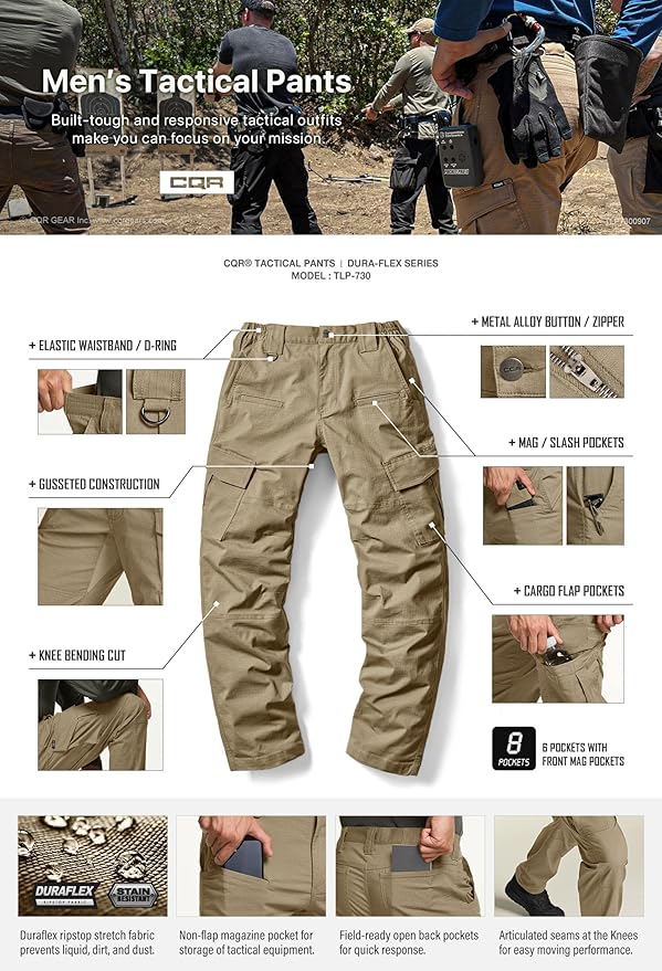 CQR Men's Flex Ripstop Tactical Pants, Water Resistant Stretch Cargo Pants, Lightweight EDC Hiking Work Pants