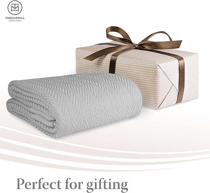 Threadmill Luxury Cotton Blankets for King Size Bed | All-Season Cozy 100% Cotton King Size Blanket | Herringbone Soft Fall Thermal Blanket fits California King Size Bed | Light Grey