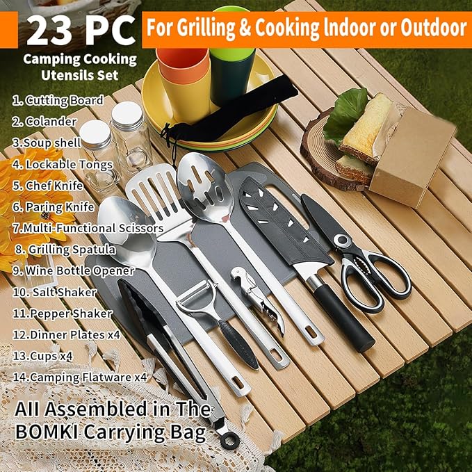 Berglander Camping Essentials, Camping Cooking Utensils Set, Camping Accessories Gear Must Haves, Come with Camping Silverware Sets, Plates and Cups, Great for Outdoor Stove, Picnic, BBQ