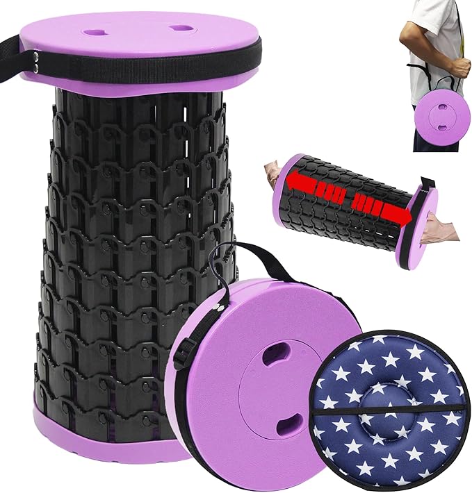 ALEVMOOM Collapsible Stool with Cushion, H18.3 D10.24 Portable Telescoping More Sturdy Load Capacity 600Lbs, Retractable Adjustable Camping Folding Stool for Outdoor Hiking BBQ Climb