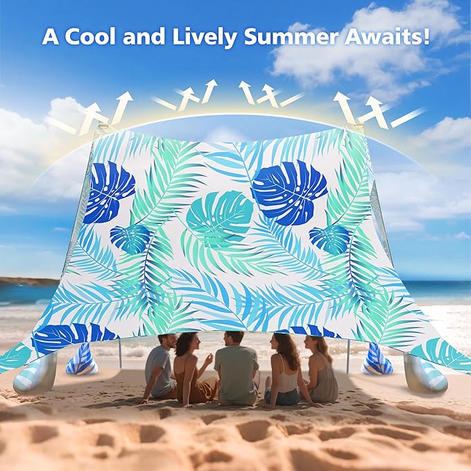 2PM SPORTS Beach Tent Canopy with UPF50+ UV Protection, Outdoor Large Beach Sun Shade Shelter for Family Picnic Camping Travel Shore Fishing, 8 Sandbags, Sand Shovel (Leaf, 10x10 FT)