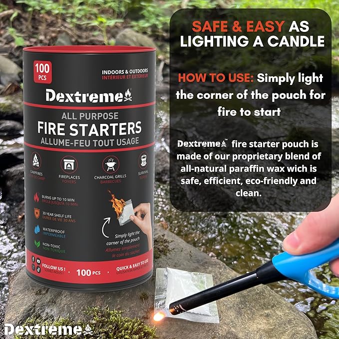 Dextreme Quick Instant Fire Starter - Waterproof All-Purpose Indoor & Outdoor Firestarter, for Charcoal Starter, Campfire, Fireplace, BBQ, Survival and Wood Stove (100 Pcs Tube)